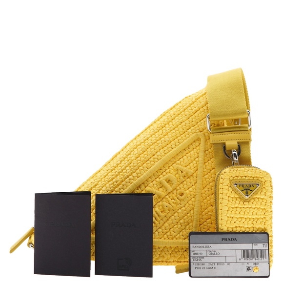 Prada Triangle Crossbody Yellow Logo Crochet 1BH190 New - Picture 5 of 8